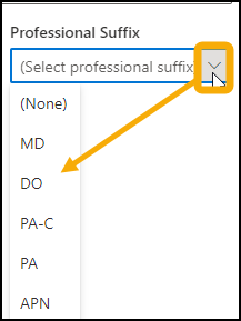 Professional Suffix with a yellow highlight box around the dropdown arrow with a yellow arrow pointing downwards towards some selection options.